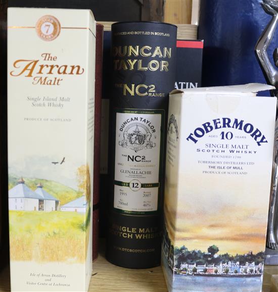 Six assorted bottles of whisky: Tomatin 12yo, Duncan Taylor NC2 Glenallache 12yo, Tobermorie 10yo,